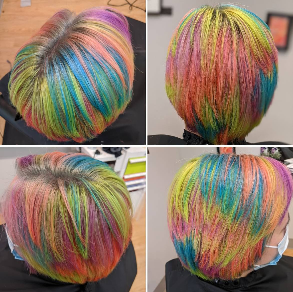 short hair with blended neon rainbow colors